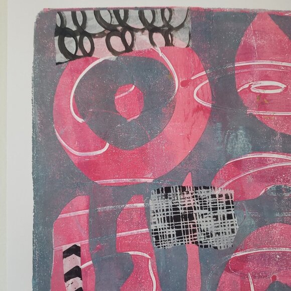 Idyllwild - Original Monoprint Art Print Signed MCM Abstract w Collage 18 X 24 - Picture 2 of 5